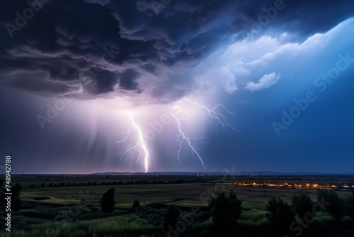 Intense Thunderstorm Over Fields with Bright Lightning Illuminating the Night Sky