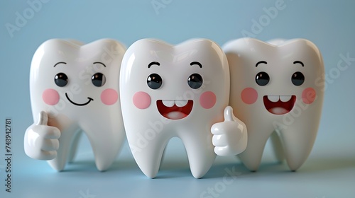 D tooth characters smiling and giving thumbs up on bright background. Concept Dental hygiene, Smiley faces, Thumbs up, Bright background, Character design