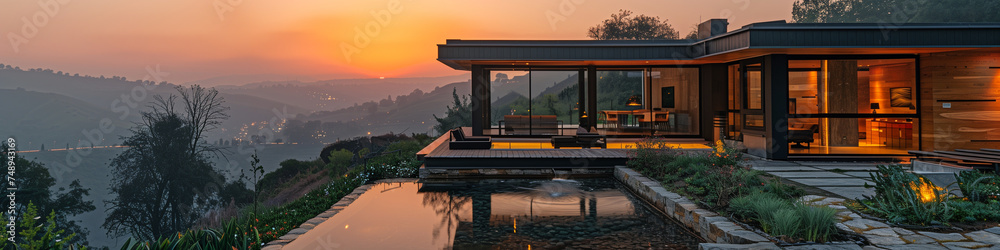 Panoramic banner with luxury hillside home at sunset with swimming pool Panoramic banner with luxury hillside home at sunset with swimming pool