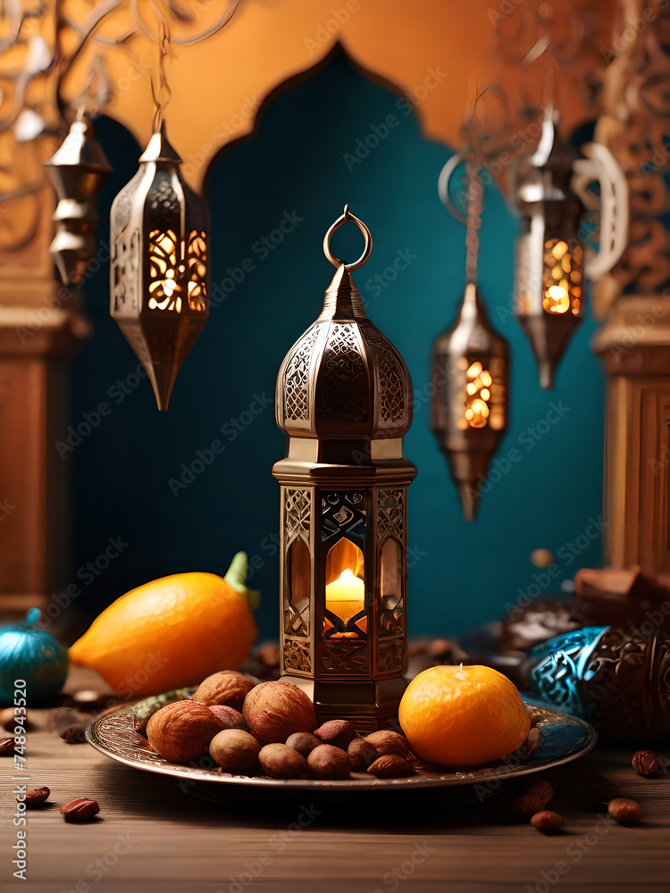 photo of Ramadan Kareem lantern and food Ai background