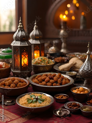 photo of Ramadan Kareem lantern and food Ai generated background