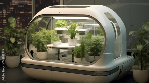 Robotic plant care system in a future greenhouse-inspired living space, introducing a unique approach to indoor gardening