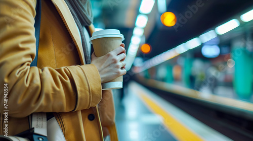 Business woman holding a paper coffee cup Waiting in the subway station