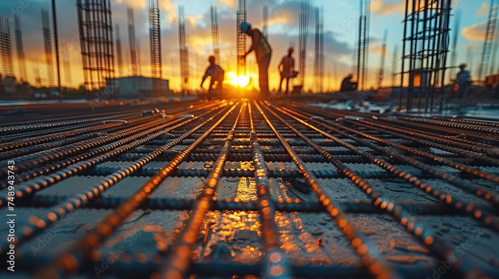 Construction workers fabricating steel reinforcement bar at the new modern construction site. - obrazy, fototapety, plakaty 