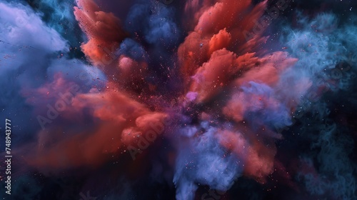 A dark background with a solitary explosion of colored powder. abstract background color