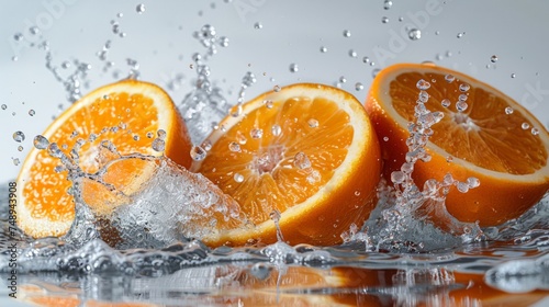 Fresh oranges with splashing water. Refreshing  tasty  healthy orange.