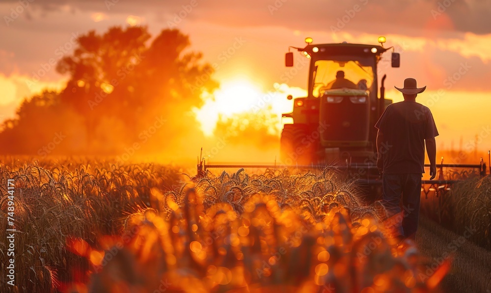 Harvester is harvesting cultivated ripe crops under the golden afternoon sun in the sunset time. AI generated image - obrazy, fototapety, plakaty 