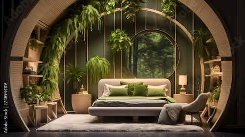 Sustainable pod-style bedroom with modular furniture  green walls  and unique design elements defining the future of eco-conscious interiors
