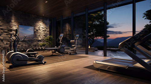 Tech-integrated home gym with windows that display virtual outdoor scenes, including moonlit landscapes for an energizing workout © Muhammad