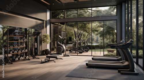Tech-integrated home gym with windows that display virtual outdoor scenes  including moonlit landscapes for an energizing workout
