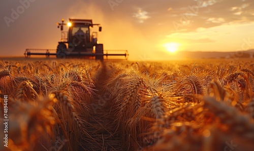 Harvester is harvesting cultivated ripe crops under the golden afternoon sun in the sunset time. AI generated image photo