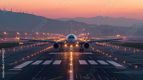 Commercial plane on runway at sunrise or sunset, lights guiding path, city lights in background.