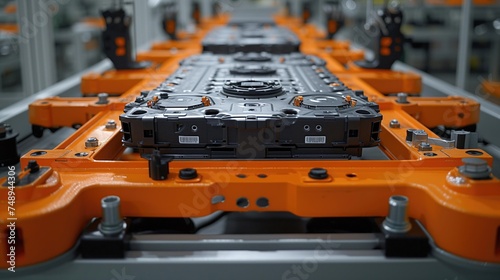 Image EV battery packs on assembly line, showcasing intricate components  orange housing for safety. Manufacturing process indicated. photo