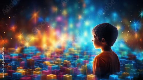 Little boy looking at colorful cubes on dark background. Future technology concept