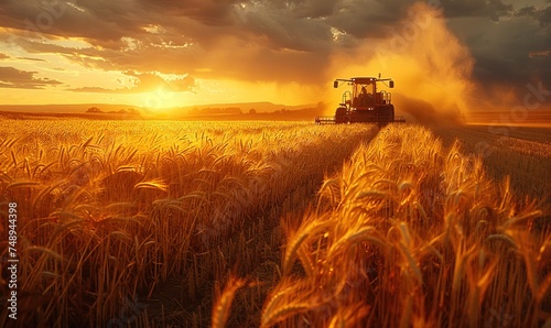 Tractor harvesting ripe crops under the golden afternoon sun