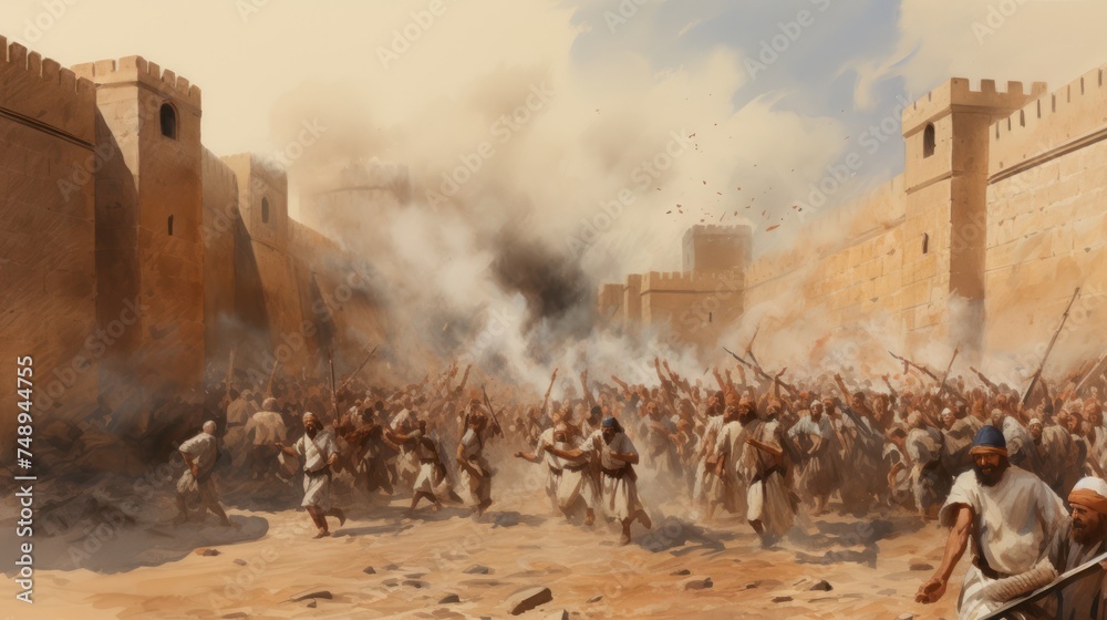 Fototapeta premium The Battle of Jericho. The walls of Jericho collapsin watercolor illustration