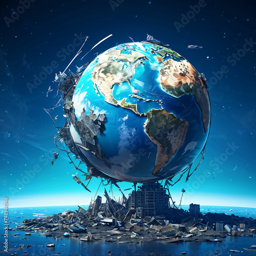  abandoned and broken globe amongst waste symbol of planet39s mistreatment and pollution photo