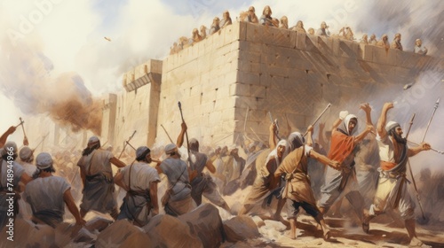 The Battle of Jericho, with its walls falling to the sound of trumpets watercolor illustration