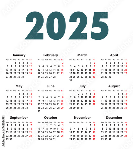 English Calendar grid bold digits for 2025. Best for calendar print, business, web design, office needs and presentations. Mondays first. Vector illustration
