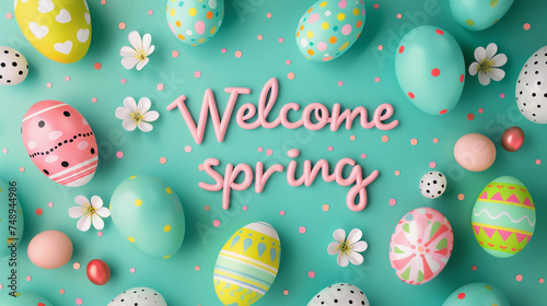 Flat Lay, 3d plasticine inflatable phrases "Welcome spring", Spring Flowers. mint background. and candy tones eggs Concept easter and spring greeting card.
