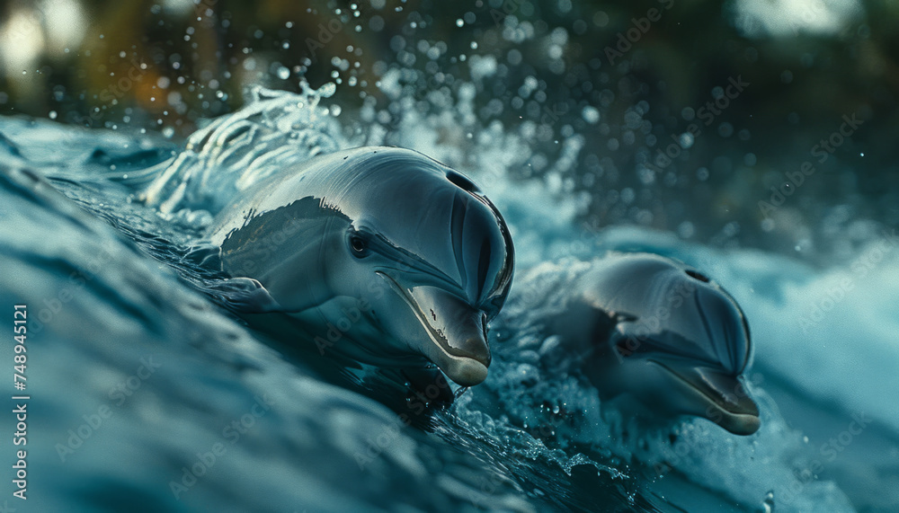 Dolphins swim on the sea waves.