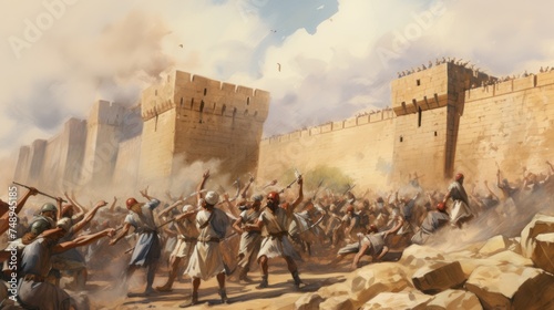 Destruction of the city of Jericho victory of God and the people of Israel watercolor illustration
