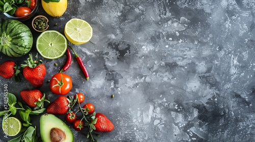 Fresh fruits and vegetables are displayed in a flat layout on a gray background with copy space.