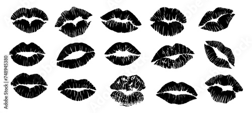 Set of Lipstick kiss print silhouettes. Different shapes female sexy lips. Lips makeup. Female mouth. Imprint of lips kiss vector black outline illustrations isolated on transparent background. photo