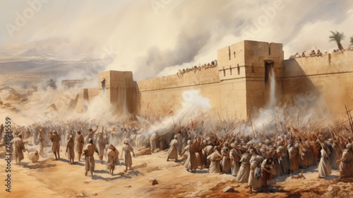 The Battle of Jericho, with its walls falling to the sound of trumpets watercolor illustration