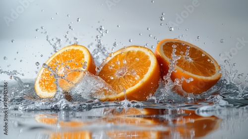 Fresh oranges with splashing water. Refreshing  tasty  healthy orange.