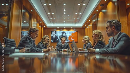 a group of business people are sitting around a conference table in a conference room