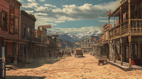 A captivating scene of a Western town at sunset, featuring horse-drawn carriages and vintage storefronts bathed in a dusty golden light. Resplendent. photo