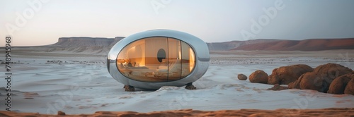 A modern pod house stands alone amidst a desert, embodying a unique blend of technology, design, and nature's vastness photo