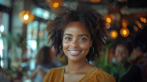 Person with bright smile in cozy caf setting with curly hair, hoop earrings, and mustard top. photo