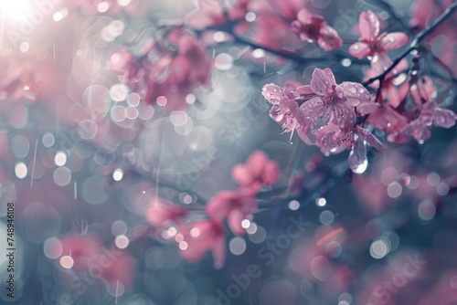 Spring sakura flowers blossom in fresh rain water drops