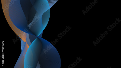 Twisting shapes on the left side of the composition with shades of blue, purple and a touch of orange