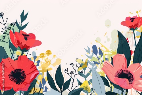 Luxurious  wallpaper. Banner with flowers. Watercolor pink, blue, lilac spots on a color background. Shiny flowers and twigs.

