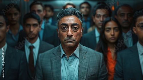 Indian sad senior office worker standing in overcrowded elevator photo