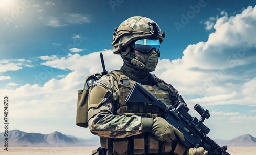 Military background. Graphic resource or blank as copy space. AI generated, human enhanced. man in sunglasses and camouflage uniform loading gun with cartridges at military training lesson 