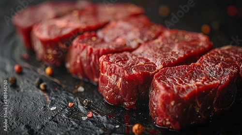 Fresh raw beef steak cut into pieces on dark table background