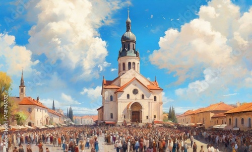 church of st peter and st paul. sky view, a lot of people in front of the church, religious holiday, impressionism art background