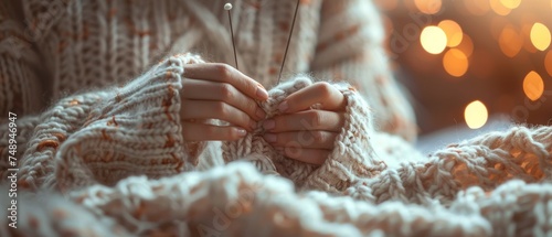 Knitting a cozy sweater, hands and needles at work, soft wool, warm lighting photo