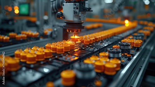 Robotic arm with welding tool on assembly line in industrial setting. Orange objects arranged neatly for manufacturing. Busy, advanced environment showcasing modern technologies.