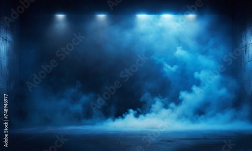 Dark street, asphalt abstract dark blue background, empty dark scene, neon light, spotlights The concrete floor and studio room with smoke float up the interior texture for display, for website, artic