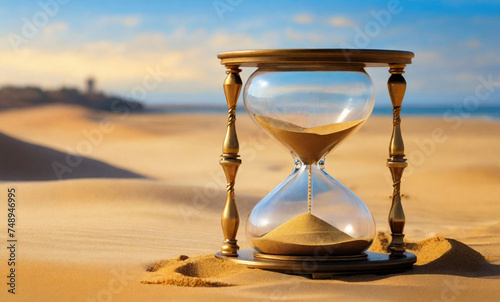 genuine hourglass, an old-fashioned clock, and some golden sand, impressionism art background, Falling sand showing the passing time of hourglass close-up and isolated on glossy black floor and back