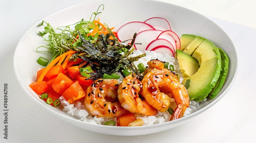 Poke bowl with shrimp, avocado, radish, carrot, tomato, seaweed and white rice on White table background. Healthy food Poke bowl with shrimp, avocado, radish, carrot, tomato, seaweed and white rice on White table background. Healthy food