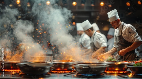 a group of chefs are cooking food in a restaurant kitchen