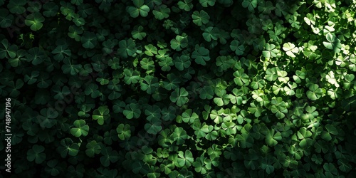 A dense field of clover basking in dappled sunlight, creating a vibrant green background for St. Patrick's Day