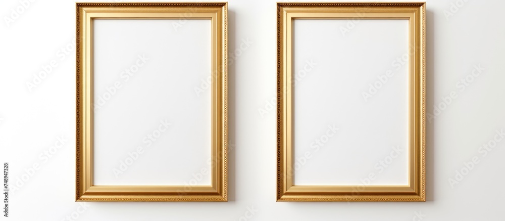 Two vertical gold frames are mounted on a white wall, creating a simple and elegant display. The frames are empty, ready to showcase artwork, photos, or posters.