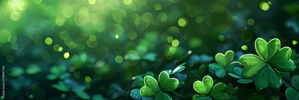 Soft focus on clover leaves with a bokeh light effect on a green background